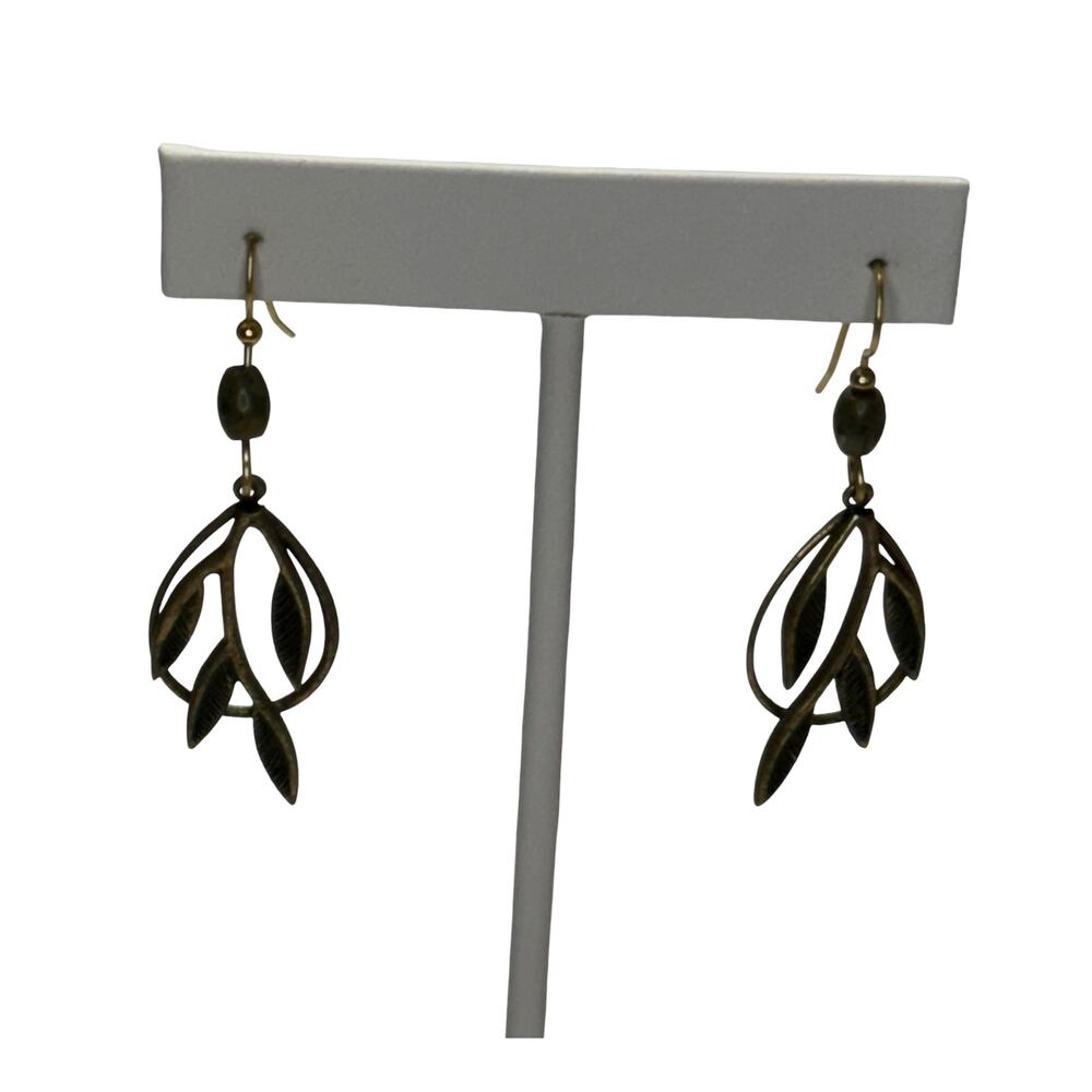 Antique Brass Leaf Dangle Drop Earrings Open Cutwork Botanical French Wire - Picture 2 of 6